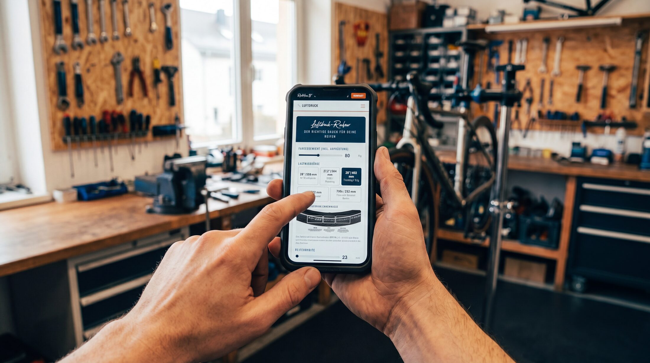 Hände halten ein Smartphone mit dem RadlHias Luftdruck-Rechner, im Hintergrund eine Fahrrad-Werkstatt
